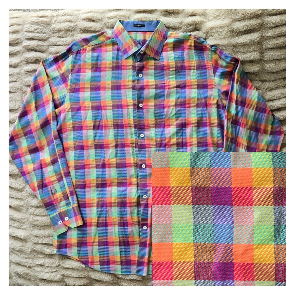 BUGATCHI Shirt Men's Size L / XL Classic Fit Button Gingham Check Madras Plaid